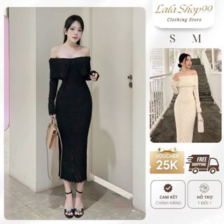  Váy body trễ vai dáng dài chất nhung ren co giãn tôn dáng váy nữ dự tiệc thiết kế gợi cảm sang trọng 