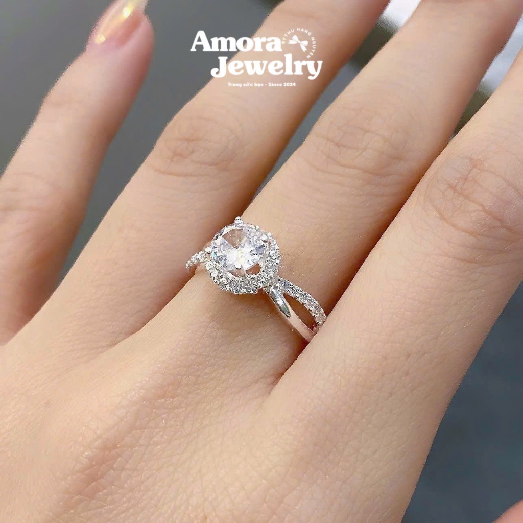 Nhẫn bạc nữ AMORA nhẫn đá chủ to viền nhẫn xoắn bạc ta AMORA JEWELRY NN097