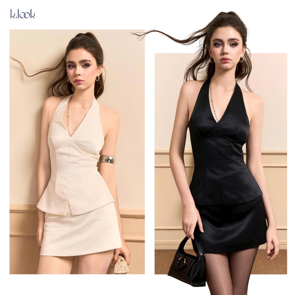 KLOOK Áo cổ yếm nữ ÉLORA Aurice, áo lụa tafeta lót habuta tôn eo sang trọng phong cách tiểu thư