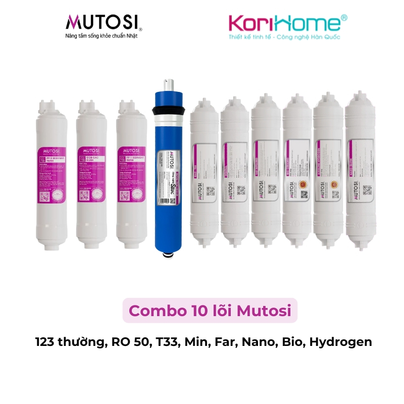 Bộ 10 lõi lọc nước Mutosi dùng cho máy lọc nước gia đình với bộ thô Mutosi đúc, RO 50, 6 lõi khoáng 