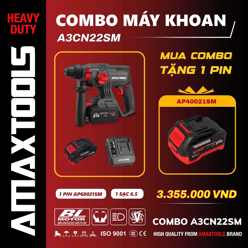 Máy khoan bê tông pin Amaxtools A3CN22SM – 21V • Brushless • SDS‑Plus • 3 chức năng khoan