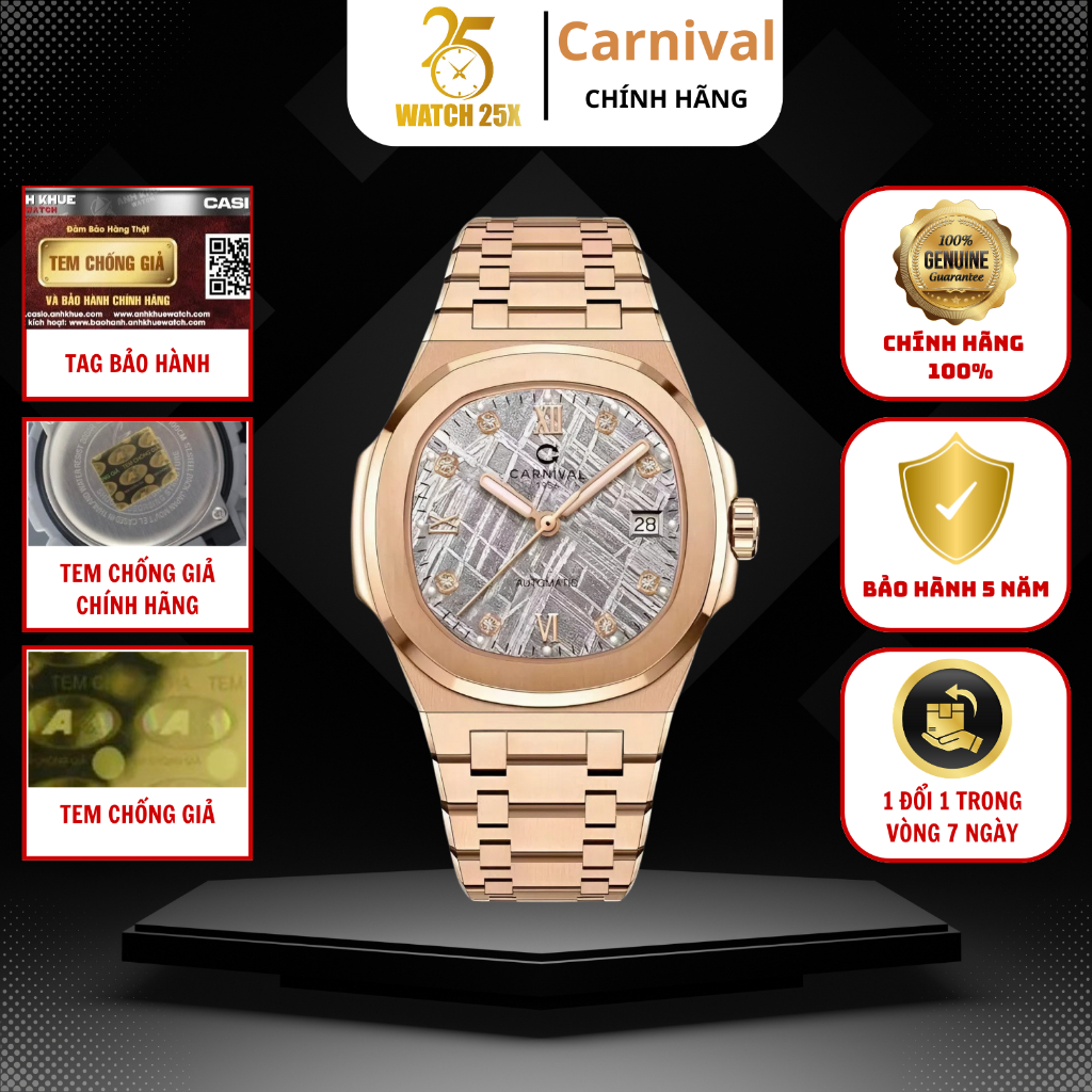 Đồng Hồ Cơ Nam Carnival 8160G-VH-TT Watch25x - Màu Vàng Hồng Mặt Trắng Luxury Sport
