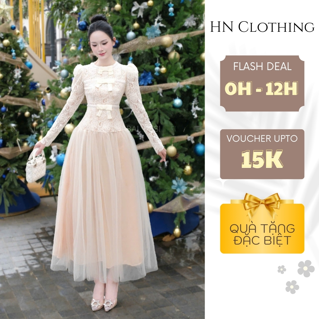 Váy ren nữ dáng dài phối tulle phong cách tiểu thư sang trọng dự tiệc HN Clothing V363
