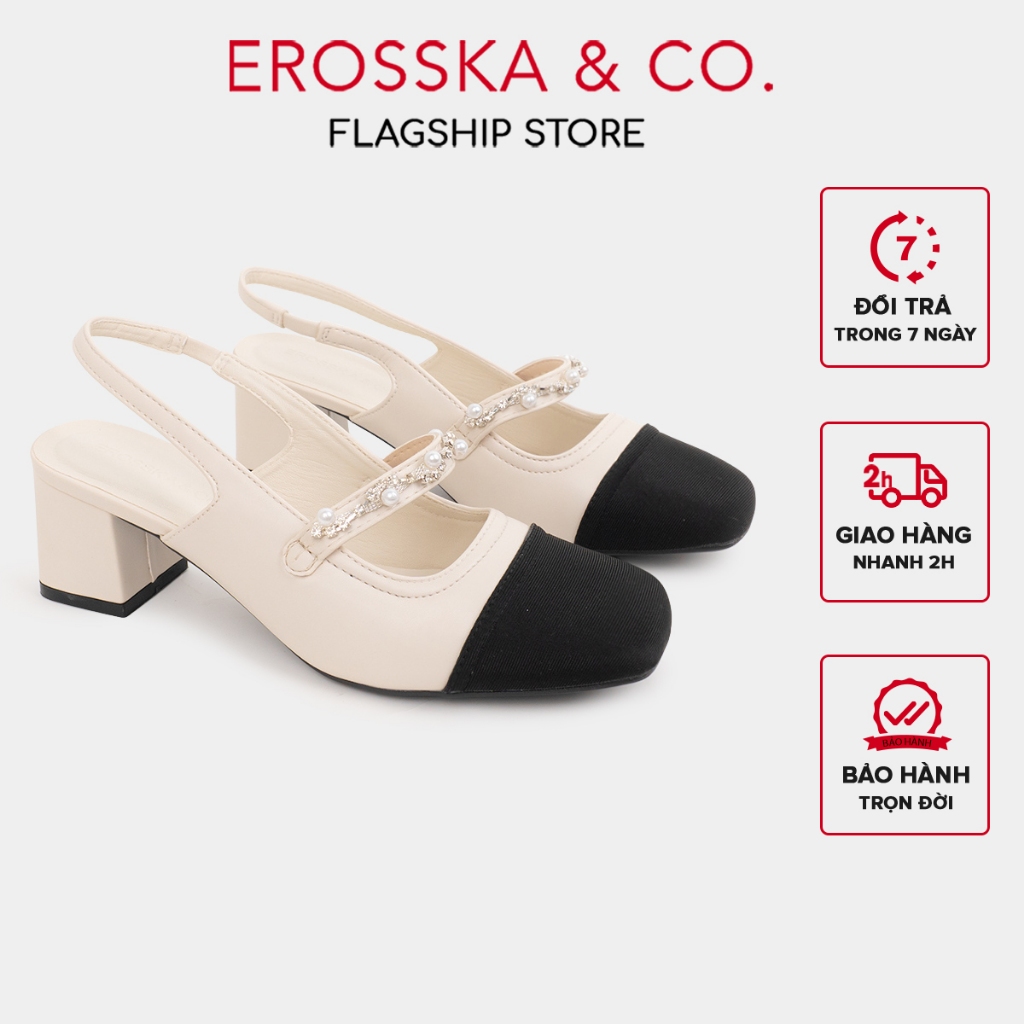 Erosska - Giày cao gót nữ mũi tròn phối dây thời trang màu nude cao 6cm - EL031