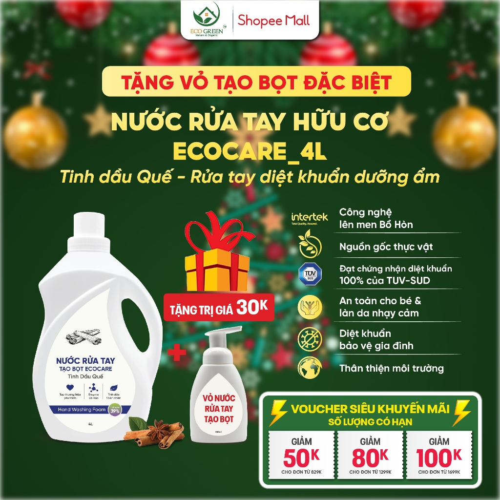 (TẶNG VỎ TẠO BỌT ĐẶC BIỆT)Nước Rửa Tay Hữu Cơ Hương Quế 4L ECOCARE Rửa Tay Diệt Khuẩn Dưỡng Ẩm