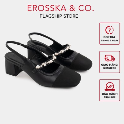 Erosska - Giày cao gót nữ mũi tròn phối dây thời trang màu đen cao 6cm - EL031