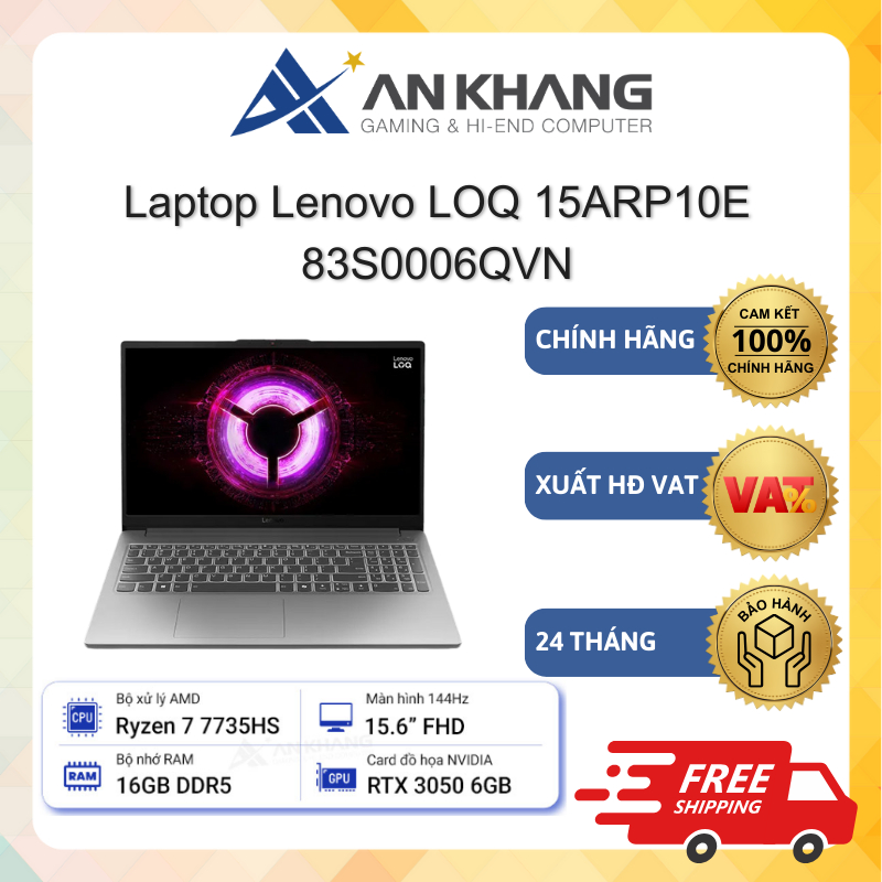 Laptop Lenovo LOQ 15ARP10E 83S0006QVN (Ryzen 7 7735HS, 16GB, 512GB SSD, RTX 3050 6GB, 15.6" FHD, W11