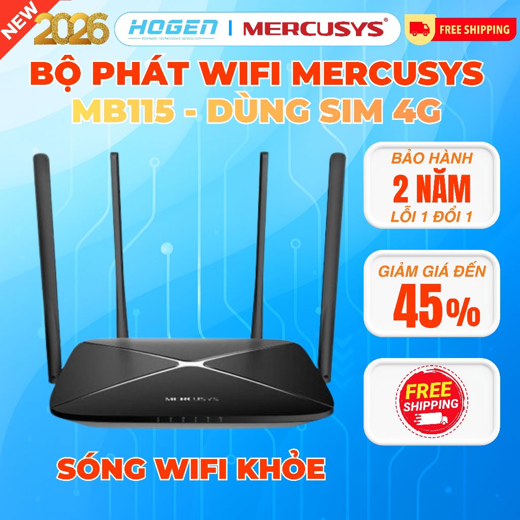 Bộ Phát Wifi 4G Mercusys MB115-4G-Tốc Độ Cao, 4 Angten, Băng Thông 300M, Có Cổng WAN, LAN-BH 24TH