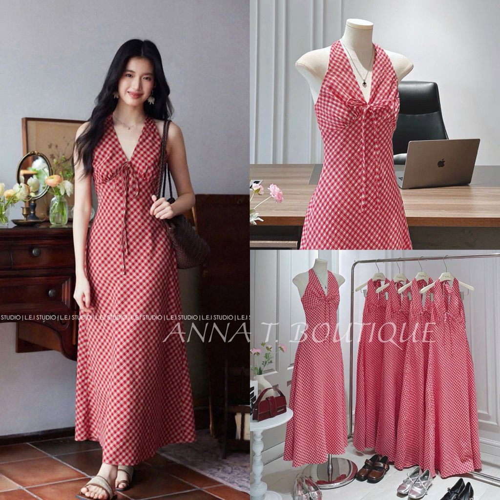 ANNA T. BOUTIQUE - Đầm maxi caro đỏ cổ yếm