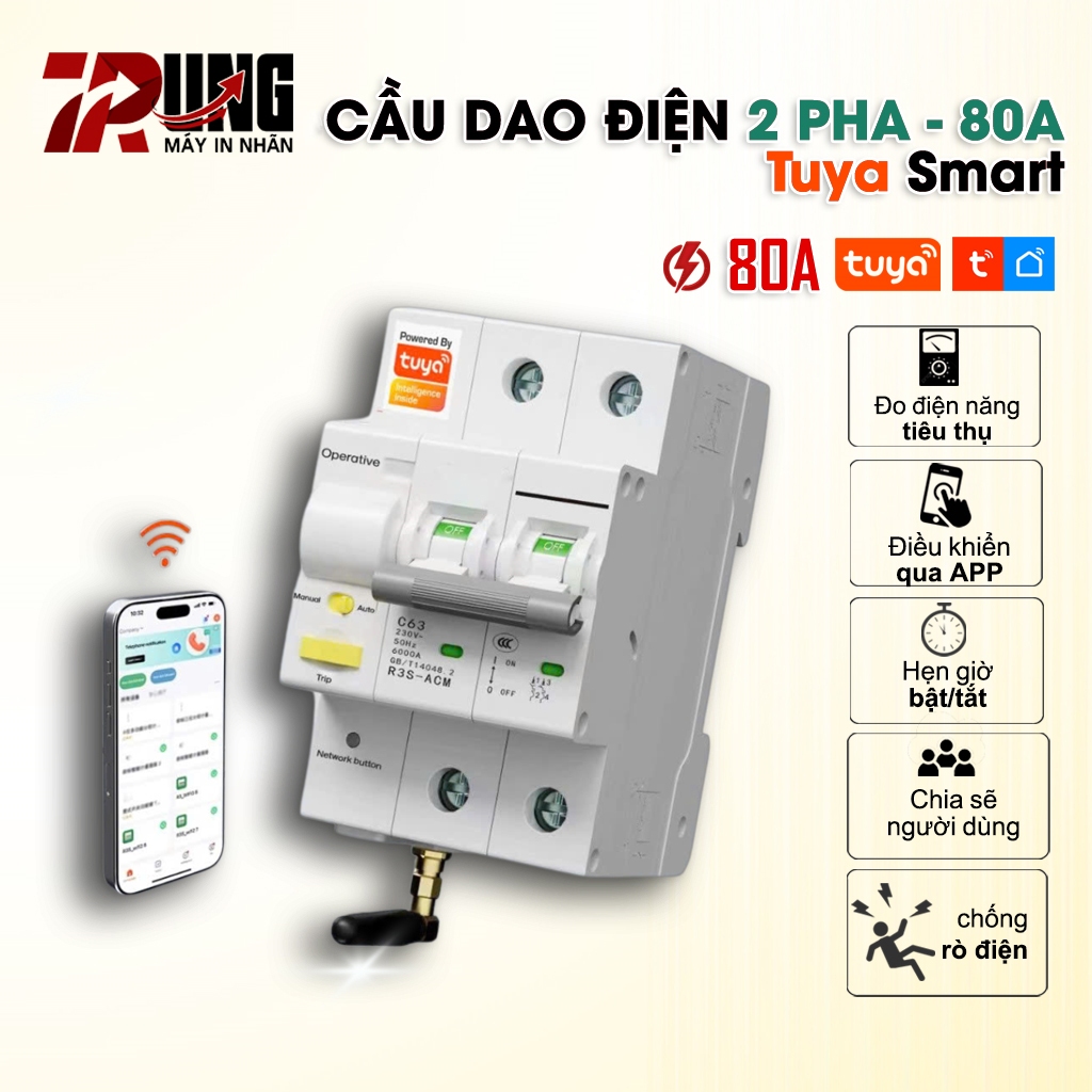 Aptomat Wifi, Cầu Dao Tổng Điều Khiển Qua Wifi, RS485 Tuya 80A, đo điện năng, BH 12 tháng