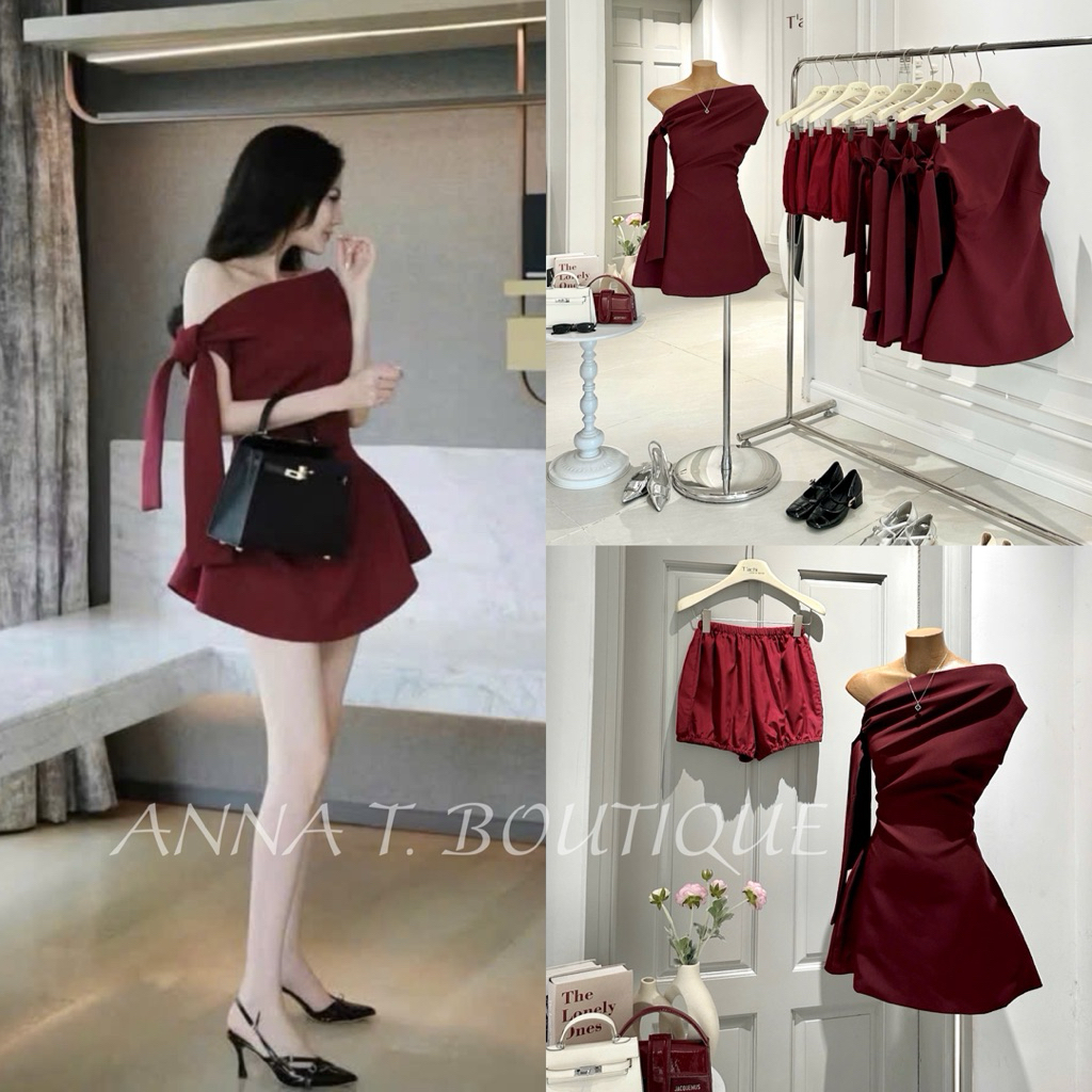 ANNA T. BOUTIQUE - Đầm đỏ lệch vai cột nơ