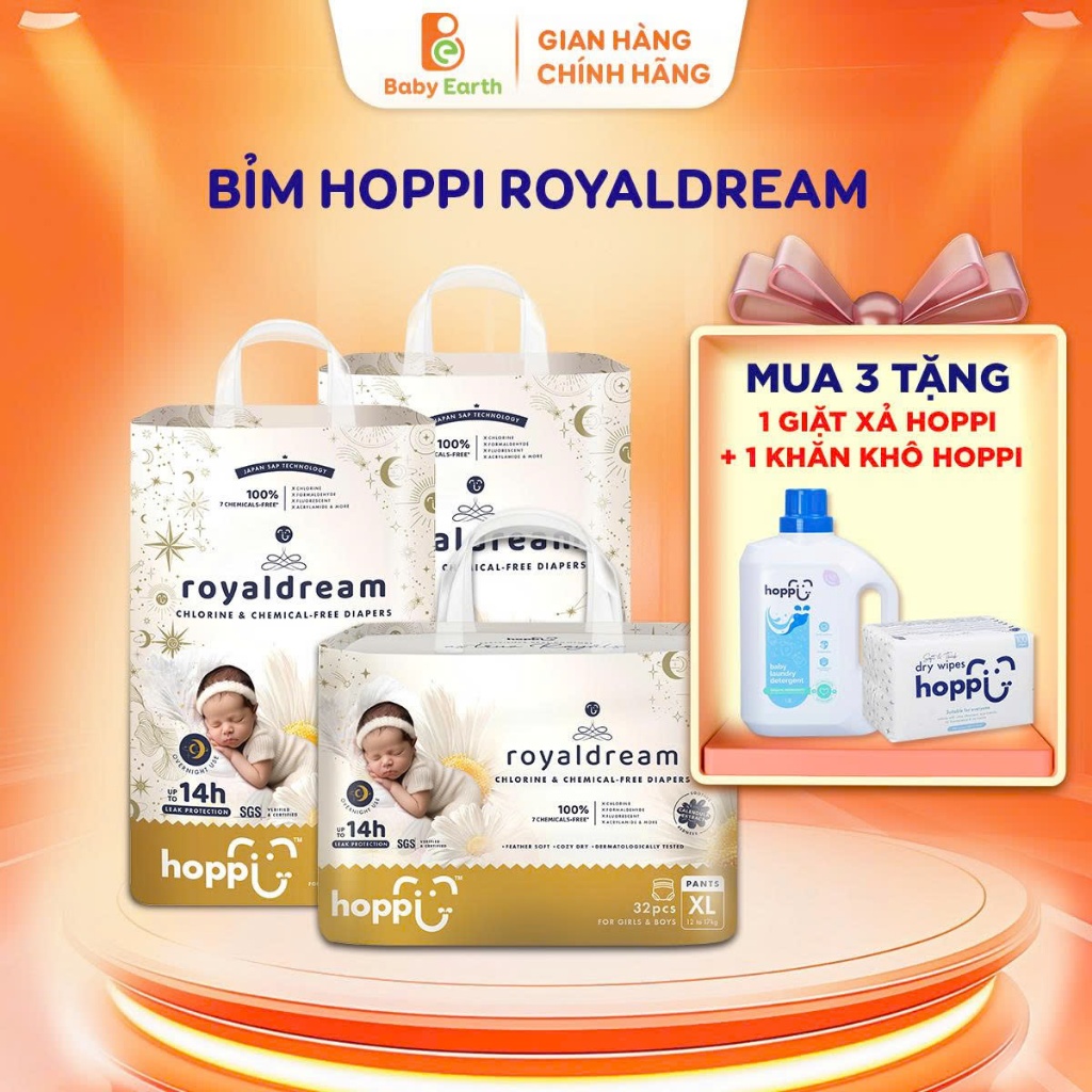 [ SIÊU SỐC ] Mua 3 bịch Tã-Bỉm Hoppi Royaldream tặng ngay 1 khăn khô 100ps + Nước Giặt Xả Hoppi