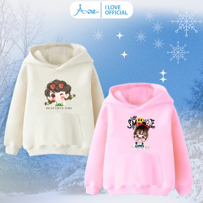 [MỚI] Áo HOODIE Phối Túi Bé Gái AORE, Áo nỉ da cá dài tay có mũ in hình bé gái cute chất mềm mịn đi học, đi chơi 10-34kg