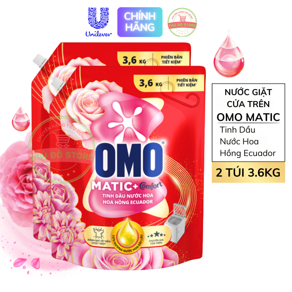 Combo 2 Túi Nước Giặt OMO Matic Cửa Trên Comfort Tinh Dầu Thơm Hoa Hồng Ecuador - 2 Túi 3.6KG