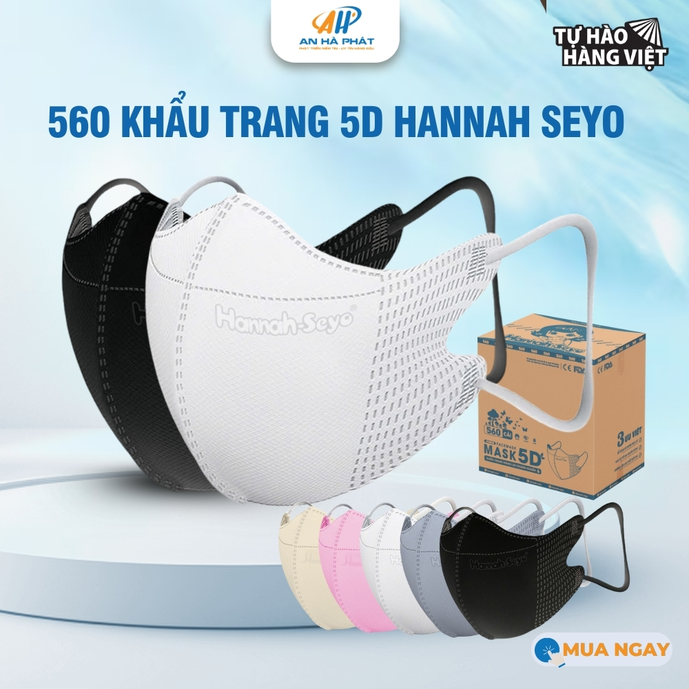 Thùng 500/560 Chiếc Khẩu Trang 5D Hannah Seyo 3 Lớp Kháng Khuẩn Chống Bụi Mịn Bảo Vệ Hệ Hô Hấp Tối Ư