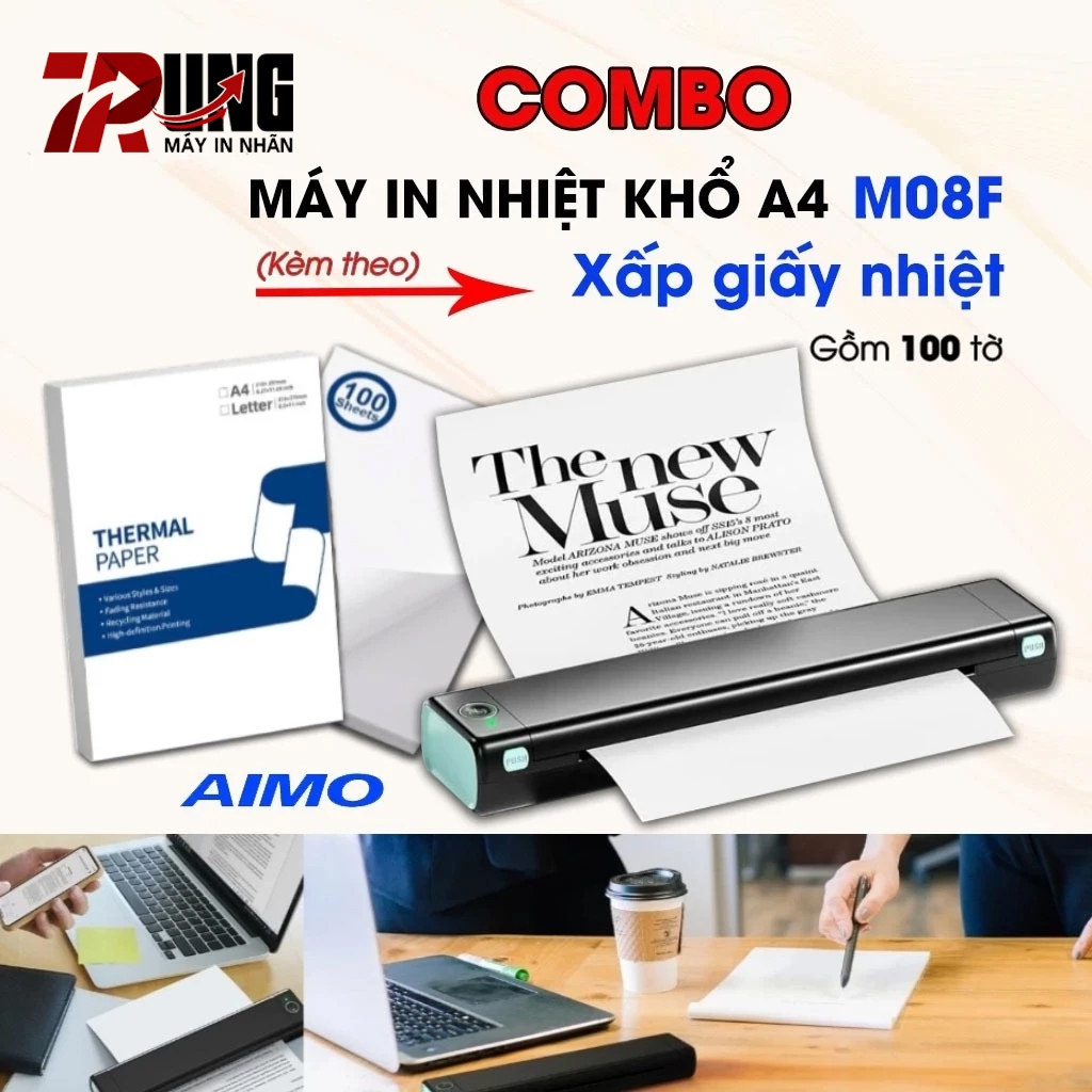 COMBO KM [ 01 Máy In Di Động AIMO M08F + Xấp Giấy Nhiệt A4 Chính Hãng ]