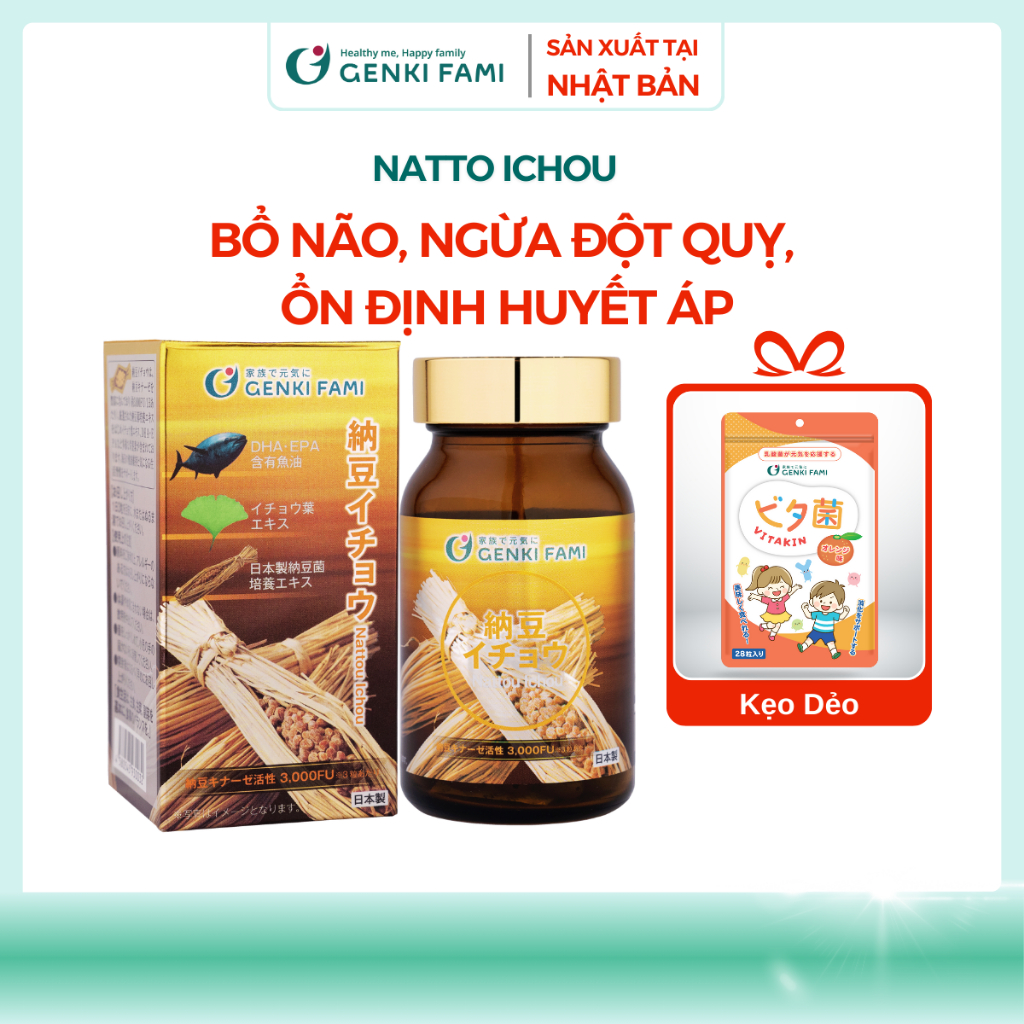 Viên Uống Ngừa Đột Quỵ Tai Biến, Bổ Não Giúp Ngủ Ngon Nattokinase 3000FU Natto Ichou Genki Fami Nhật