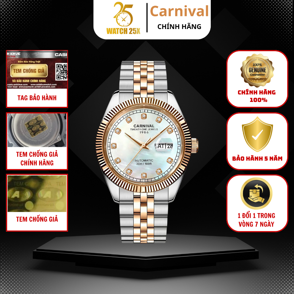 Đồng Hồ Cơ Nam Carnival 8131G-CH-TK Watch25x - Mặt Xà Cừ Trắng Đính Đá, Vành Khía Kính Sapphire