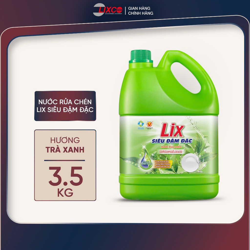 Nước rửa chén LIX siêu đậm đặc trà xanh 3.5kg NT368 làm sạch dầu mỡ không hại da tay - Lixco Việt Na