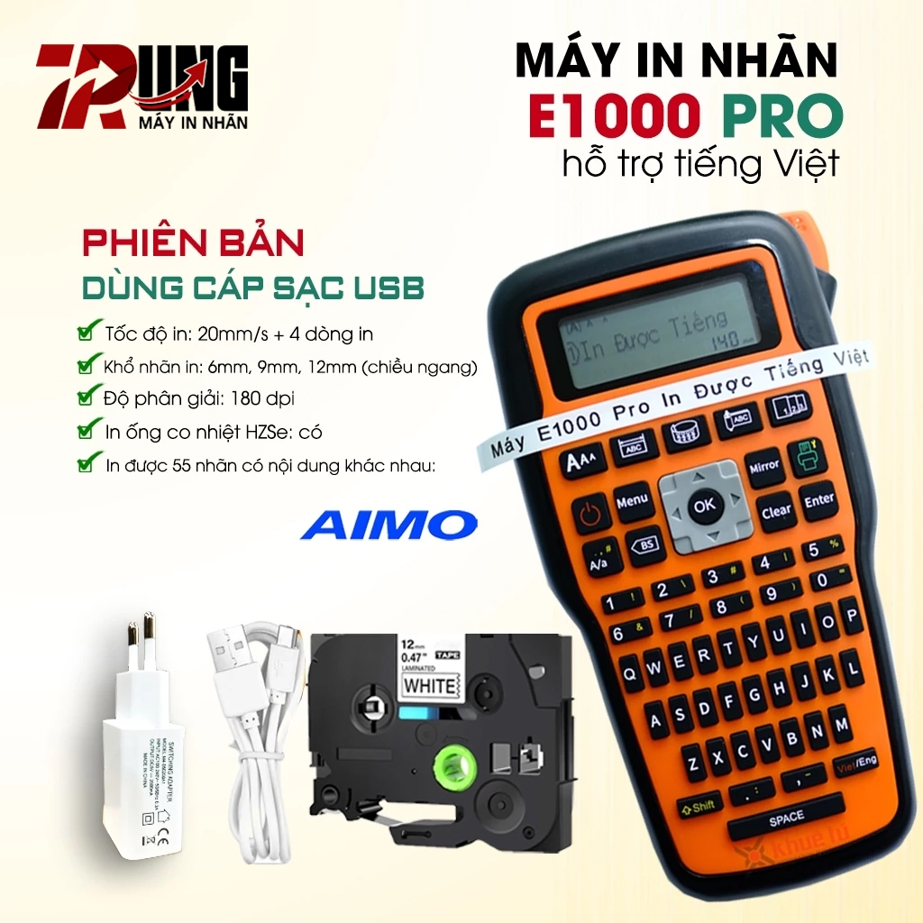 Máy in nhãn cầm tay E1000 PRO Bản Tiếng Việt I Có USB TypeC I Kèm 1 cuộn nhãn 12mm