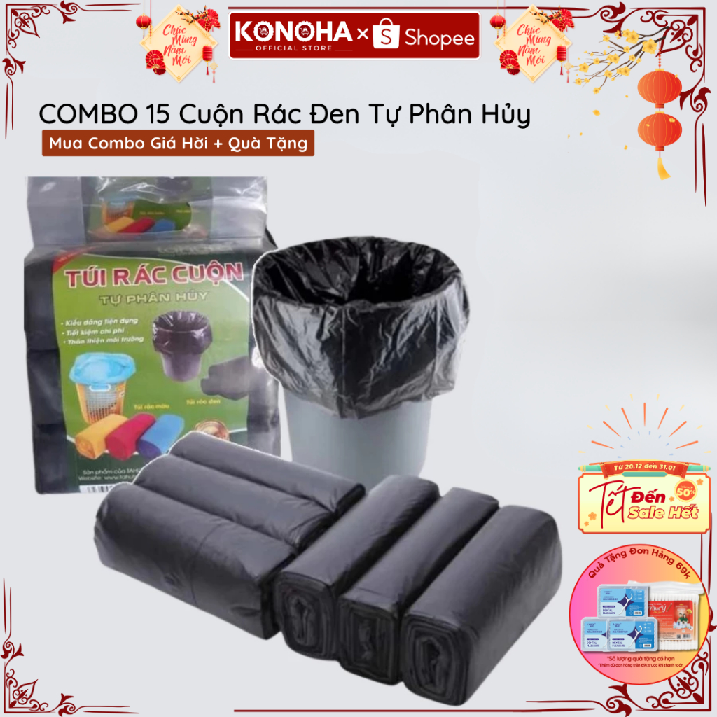 COMBO Cuộn Túi Đựng Rác Đen KONOHA Tự Phân Hủy - Bịch Đựng Rác Kích Thước 55*65CM