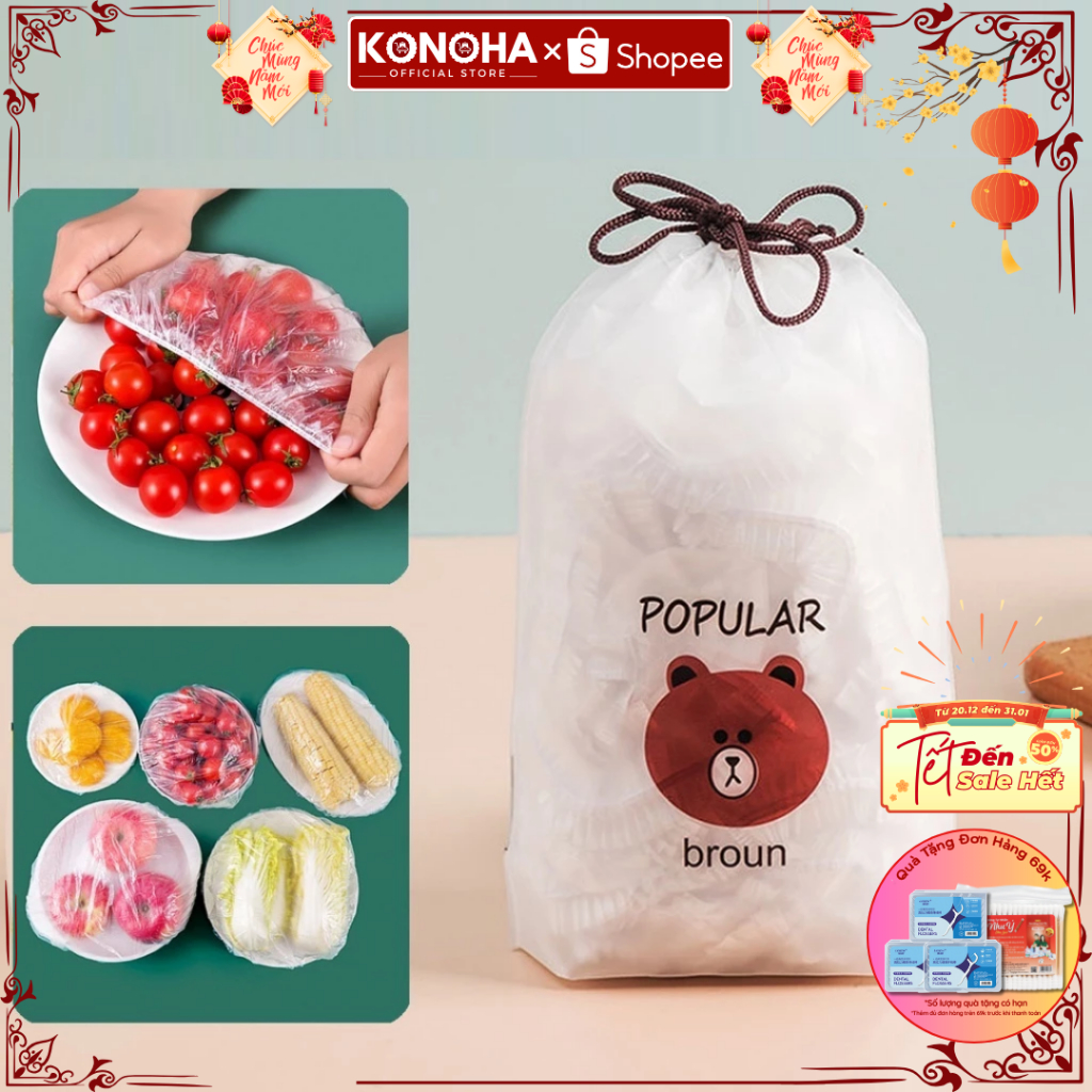 Màng Bọc Thực Phẩm KONOHA - Combo 5 Túi 500 Chiếc Có Chun Co Giãn Chùm Đầu Bảo Quản Thực Phẩm