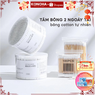 Hộp 500 Tăm Bông Ngoáy Tai 2 Đầu KONOHA - Tăm Ngoáy Tai Thân Gỗ Thân Thiện Môi Trường