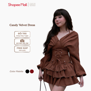   Váy  Candy Velvet Dress | Váy cổ yếm trễ vai tay bồng chân xòe tầng  Không có quần bảo hộ  