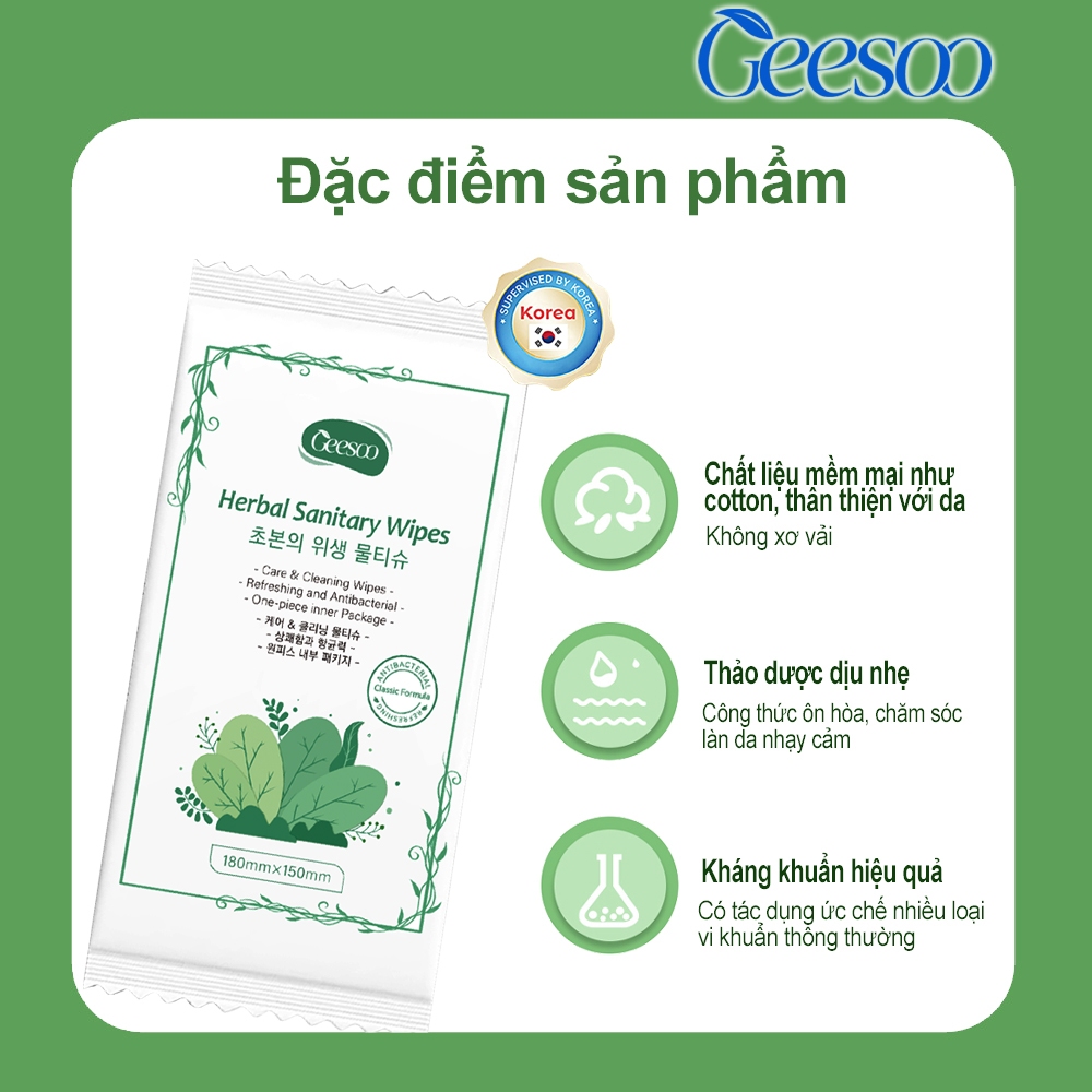 [1 MIẾNG] Khăn Ướt Thảo Dược Vệ Sinh Vùng Kín Geesoo Lành Tính, Dịu Nhẹ, Dùng Hằng Ngày, Tiện Dụng
