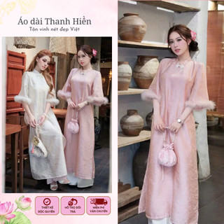 Áo dài tay lỡ viền lông 4 tà tiểu thư (ak33), áo dài Tết cách tân cổ tàu phối cúc nhẹ nhàng Áo dài Thanh Hiền