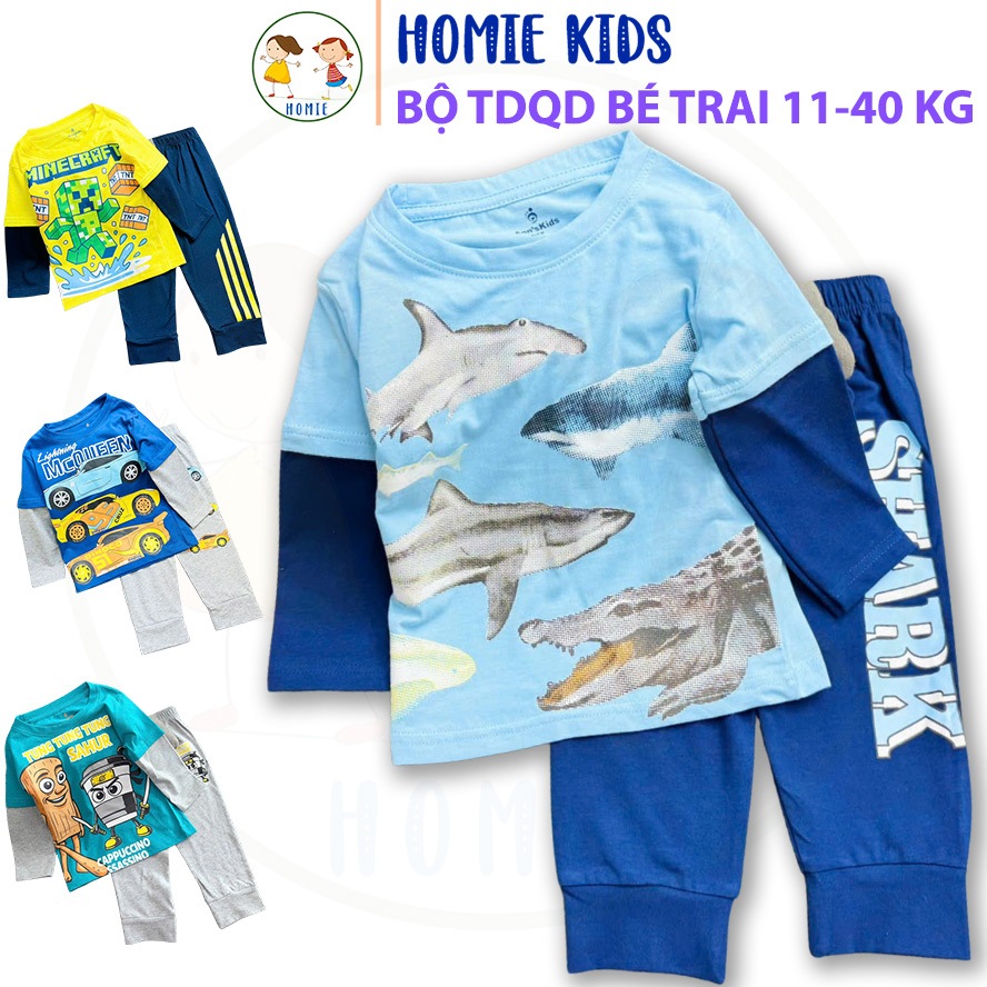 Set đồ tay dài quần dài bé trai 11-40 kg bộ quần áo trẻ em size đại thun cotton in hoạt hình quái xế