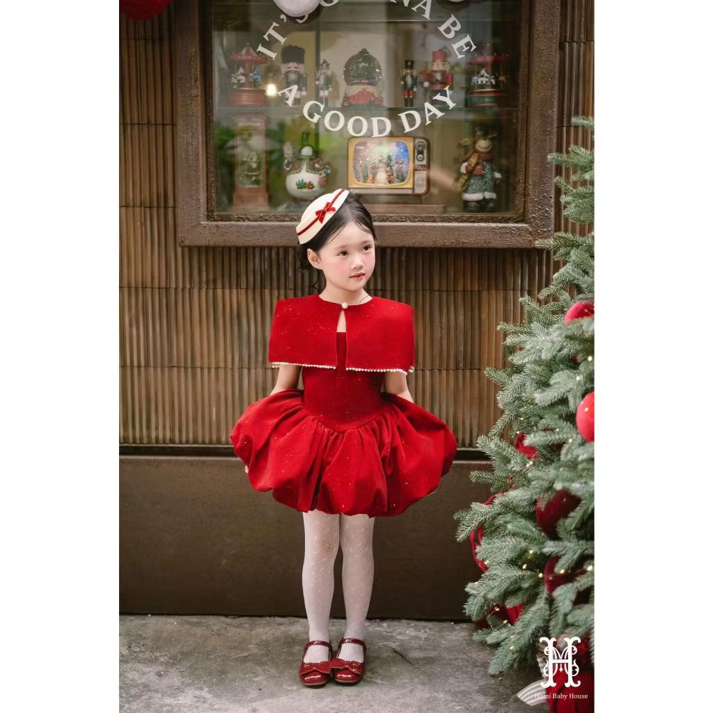 [LiA baby’s] Set váy nhung kèm áo choàng nhung đỏ xinh xắn cho bé gái(9-30kg)