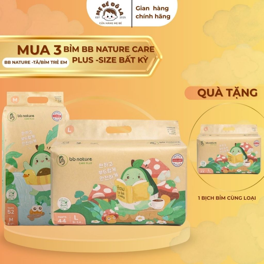 3 Bịch Tã Bỉm BB Nature Care Plus - Tặng 1 Bịch Bỉm Cùng Loại - Tã Dán Tã Quần BB Nature Care Plus F