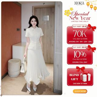  Set váy công sở chất chéo hàn lót lụa thiết kế áo cổ sơ mi chiết eo phối chân váy dập li quạy kéo khoá Medechill S851 