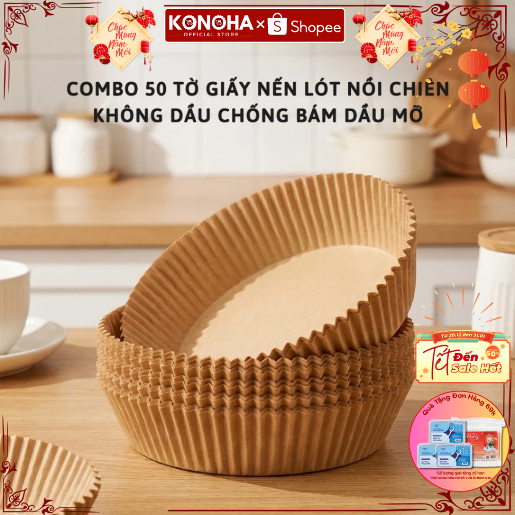 Combo 150 Giấy Lót Nồi Chiên Không Dầu KONOHA Giúp Thấm Hút Dầu Mỡ An Toàn Cho Sức Khỏe