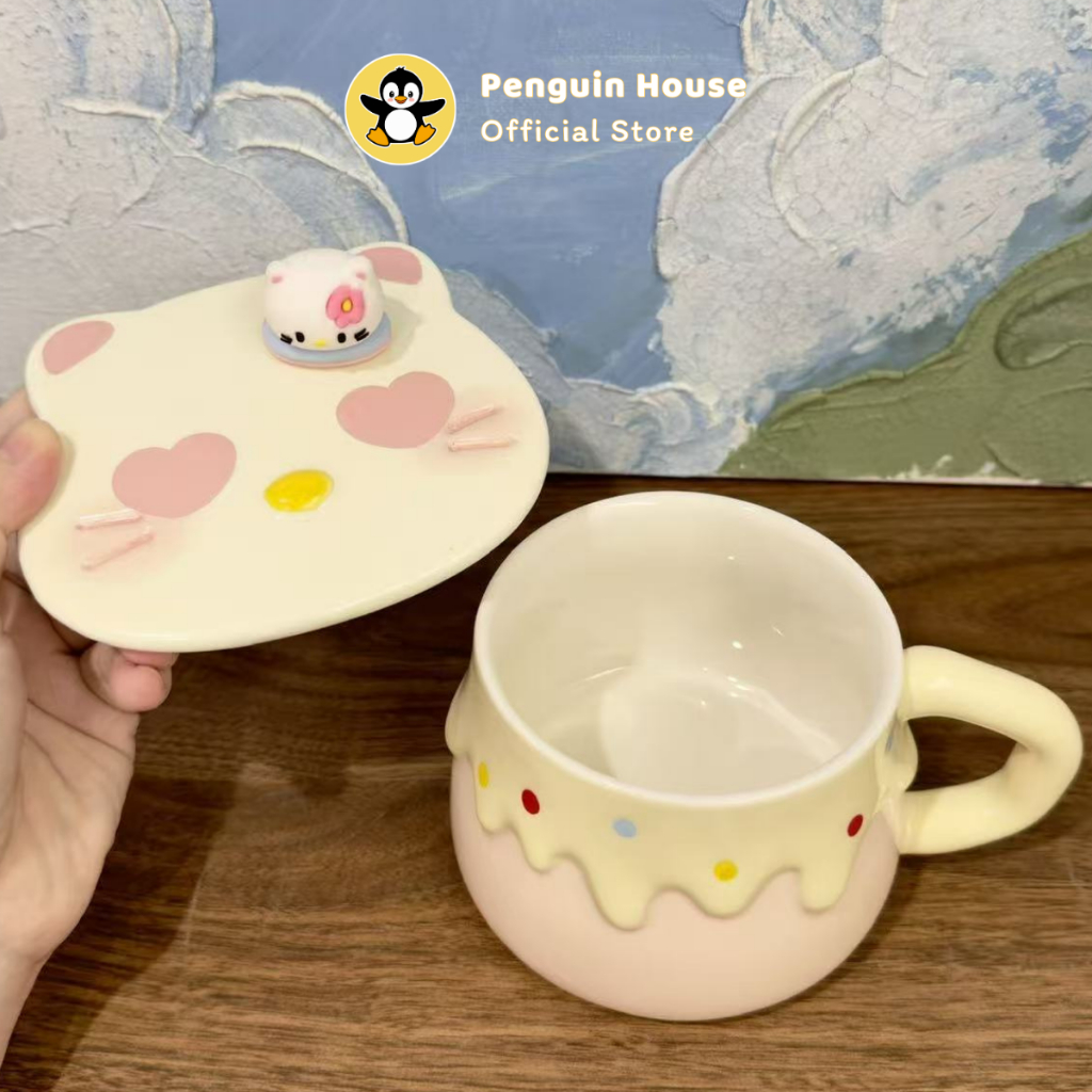[Penguin] Cốc sứ cute, cốc sứ, ly sứ quà tặng dành cho nữ Kitty Pudding - Cốc uống nước cute 400ml_B