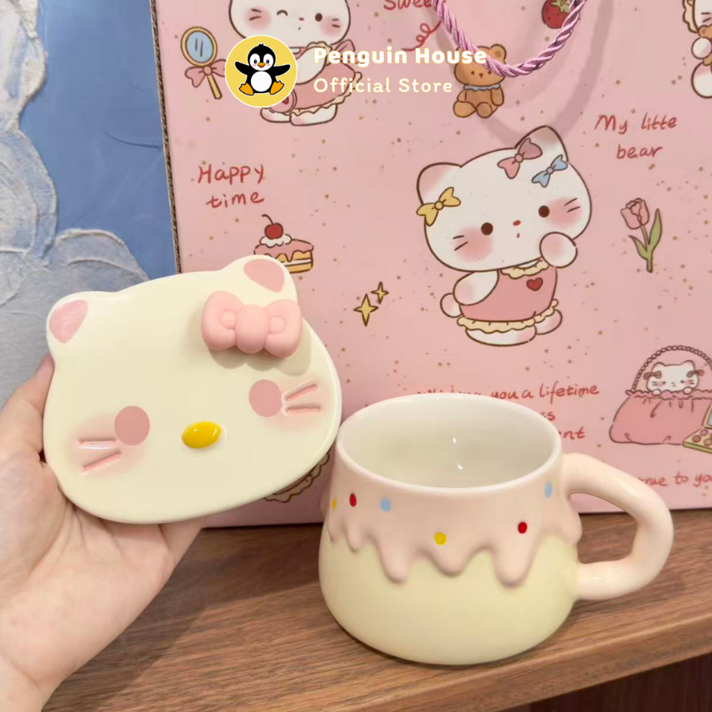[Penguin] Cốc sứ cute, cốc sứ Kitty Pudding, ly sứ quà tặng dành cho nữ - Cốc uống nước cute 400ml_B