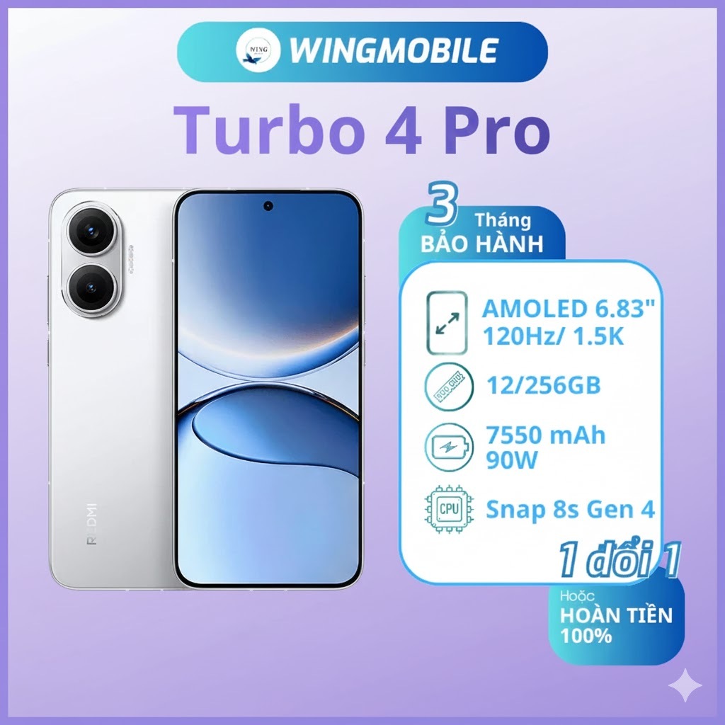 Xiaomi Redmi Turbo 4 Pro, ram 12/256G,likenew fullbox bản nội địa chip Snap 8s gen 4, bảo hành 1 đổi 1 - Wingmobile