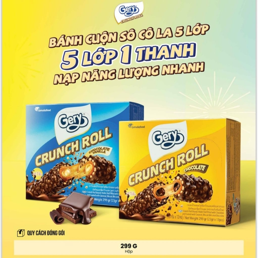 Bánh Gery Crunch Roll cuộn phủ Socola 299gr (13 thanh)