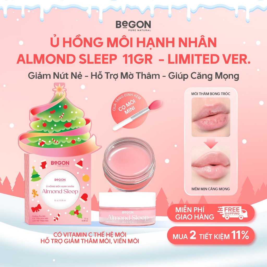 [Ver.Noel] Ủ Hồng Môi Hạnh Nhân Almond Sleep 11gr – Hỗ Trợ Giảm Thâm, Dưỡng Ẩm & Làm Hồng Môi BeGON