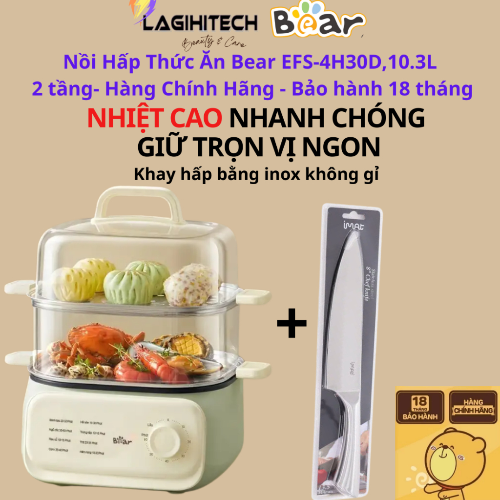 Nồi Hấp Thức Ăn Bear EFS-4H30D,10.3L 2 tầng- BH 18 Tháng - Hàng Chính Hãng