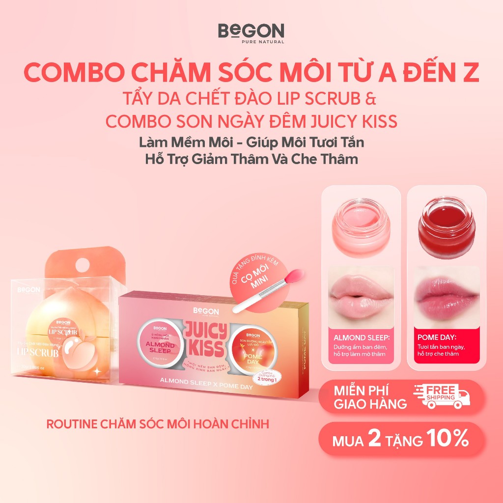 Combo Chăm Sóc Môi Từ A Đến Z, Hỗ Trợ Tẩy Da Chết, Dưỡng Ẩm, Cải Thiện Thâm & Hồng Môi | BeGON