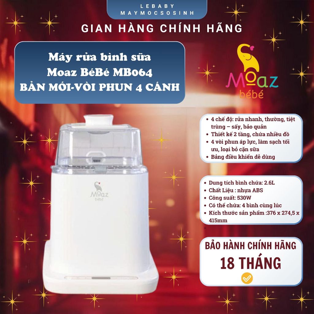 [  BẢN MỚI 4 CÁNH ] Máy rửa bình sữa tự động Moaz bebe MB064 | Tiệt trùng - sấy khô - bảo quản | Bảo