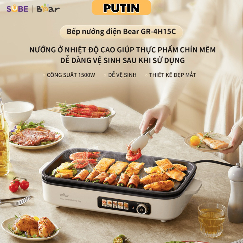Bếp nướng điện Bear GR-4H15C 1500W - Nướng ít dầu, ít khói - Đa năng nướng, chiên, xào - BH 18 tháng