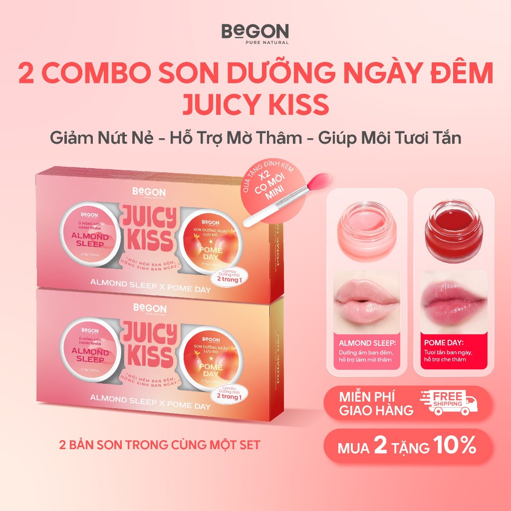 [2 Combo] Son Dưỡng Ngày Đêm 2in1 Juicy Kiss , Hỗ Trợ Dưỡng Ẩm, Làm Hồng Môi & Che Thâm | BeGON