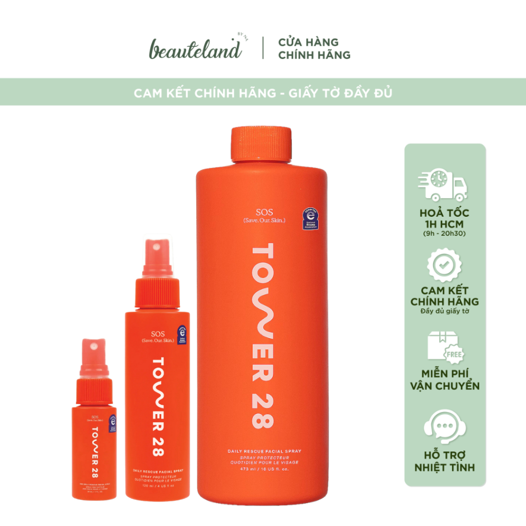 [Bill Mỹ] Xịt làm dịu da, giảm kích ứng cấp tốc Tower 28 Beauty SOS Daily Rescue Facial Spray with H