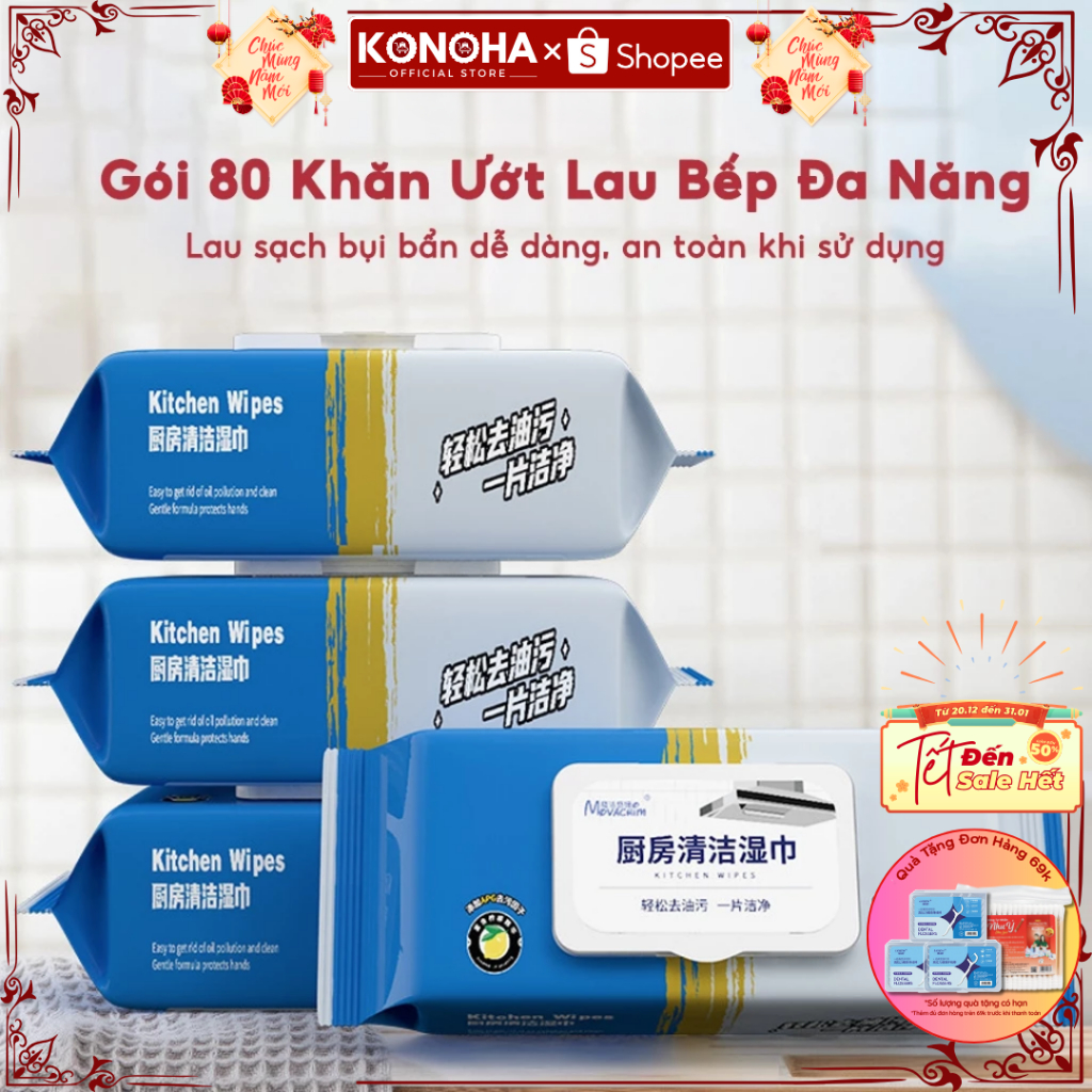 Gói 80 Khăn Ướt Lau Bếp KONOHA Hương Chanh Nhẹ Dịu - Giấy Ướt Lau Chùi Vệ Sinh Bếp An Toàn Cho Da