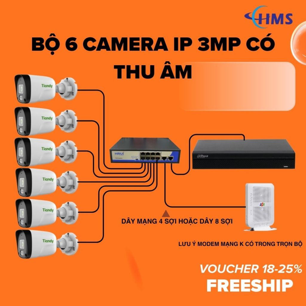 Bộ 6 camera IP 3MP có thu âm đầu Dahua, camera tiandy đầy đủ phụ kiện, chưa kèm dây mạng