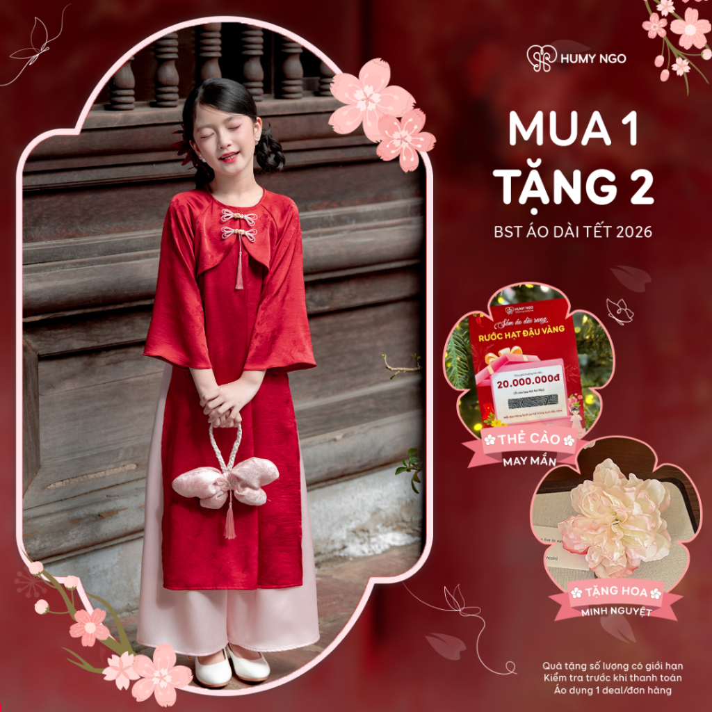 [HÀNG SẴN] Áo dài đỏ cho bé gái vải lụa gấm HUMY NGO - Bé chụp hình Tết - Áo dài kèm quần cho bé gái