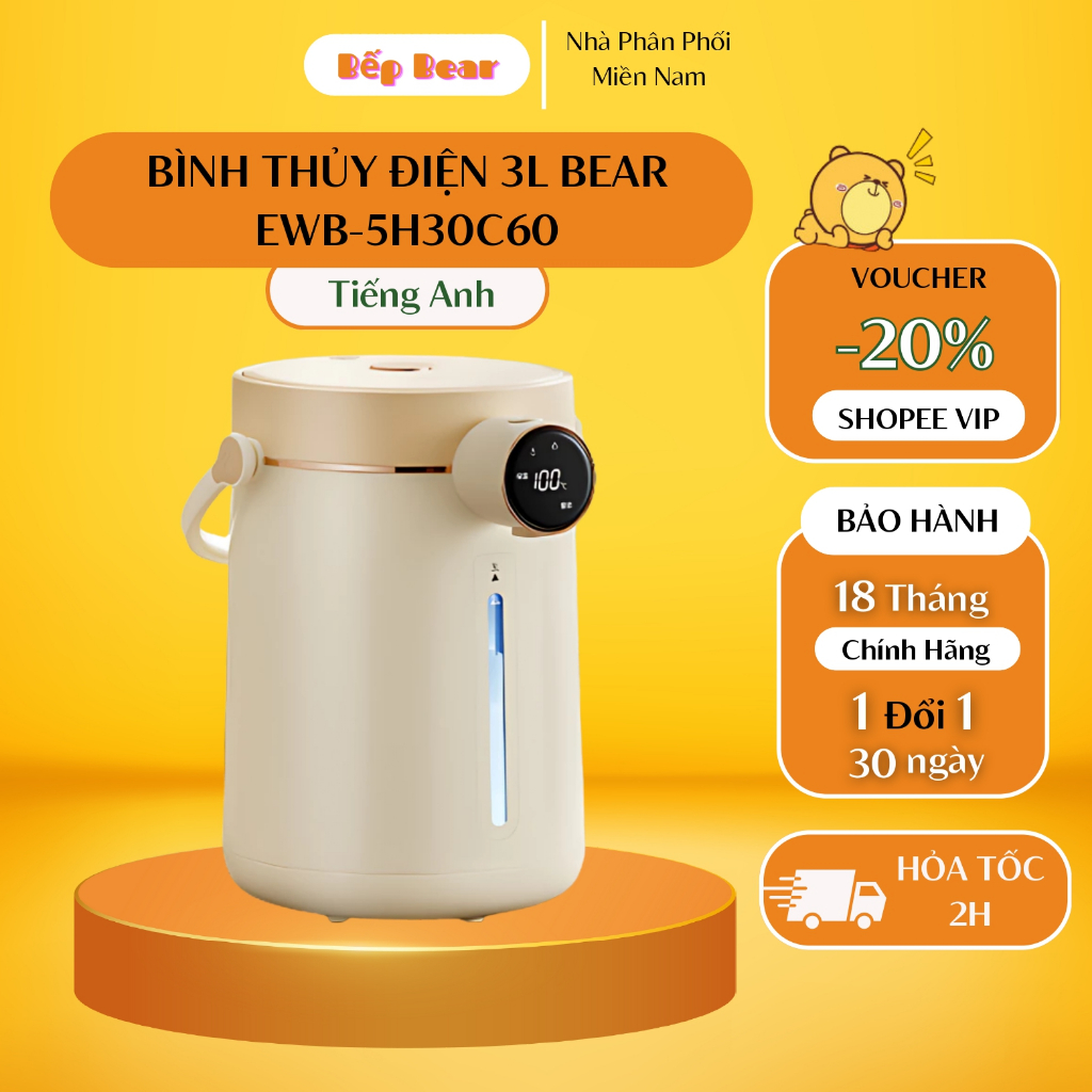 Bình Thủy Điện Bear 3L Bình Đun Nước Nóng Đun Sôi Siêu Nhanh Khử Clo Bình Đun Nước Giữ Nhiệt Có Đèn 